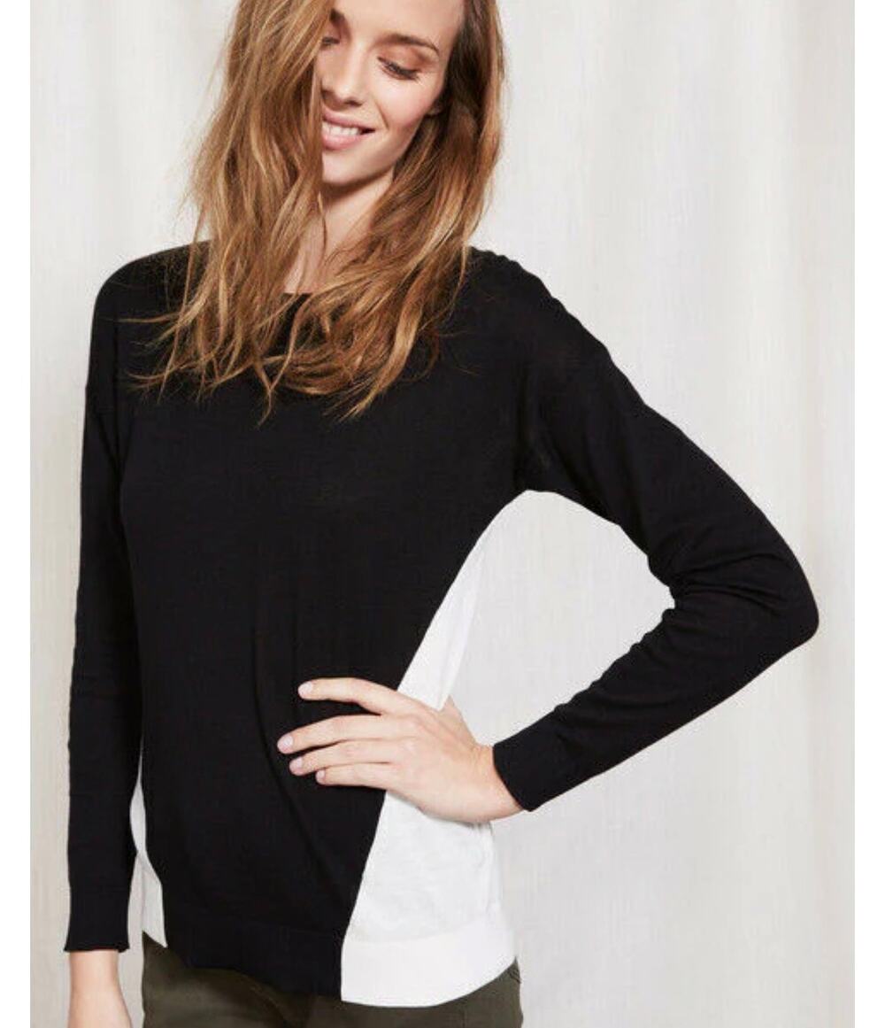 Boden Colorblock Crewneck Pullover Sweater Womens Size 8 Black Ivory Relaxed Fit